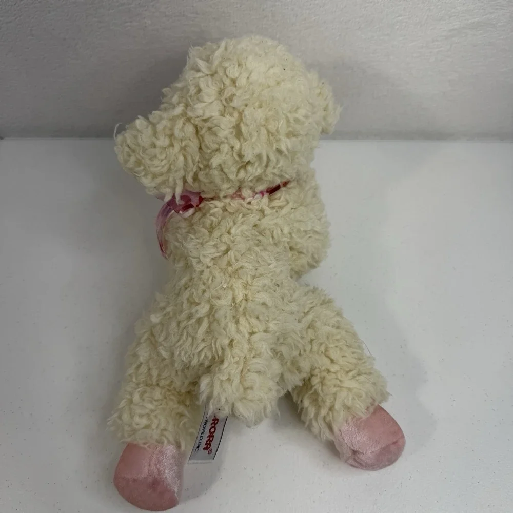 Aurora Lamb Sheep Plush Lovey‎ Bow Velvet Feet Ivory Pink Embroidered Face RARE
